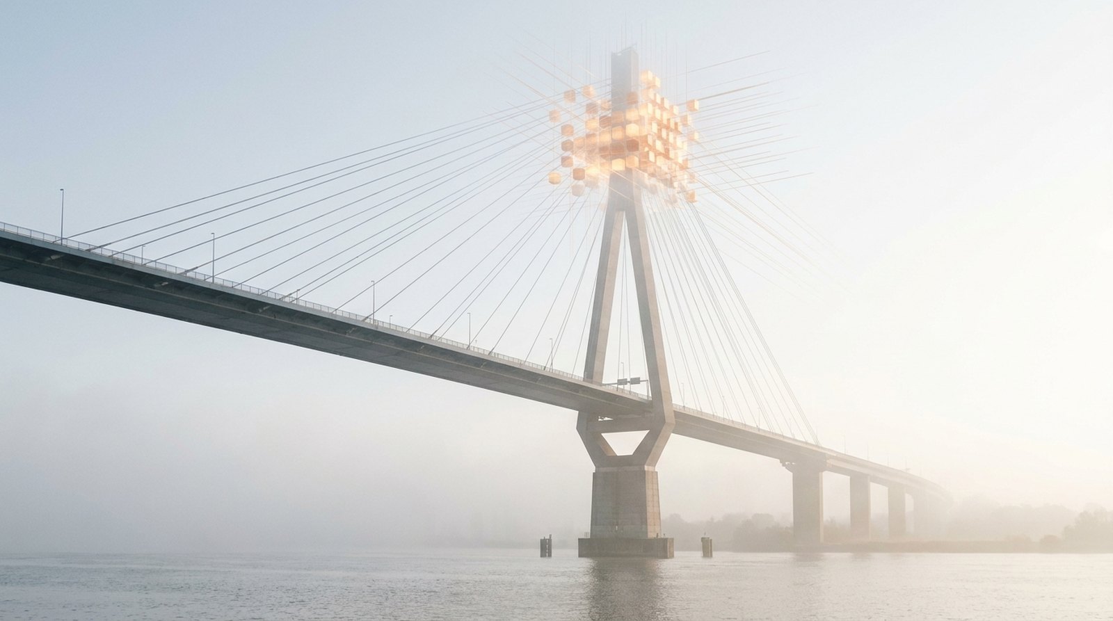 Die Köhlbrandbrücke bei Nacht; die Spitze des vorderen Pylons löst sich in leuchtende orange Würfel und Datenlinien auf