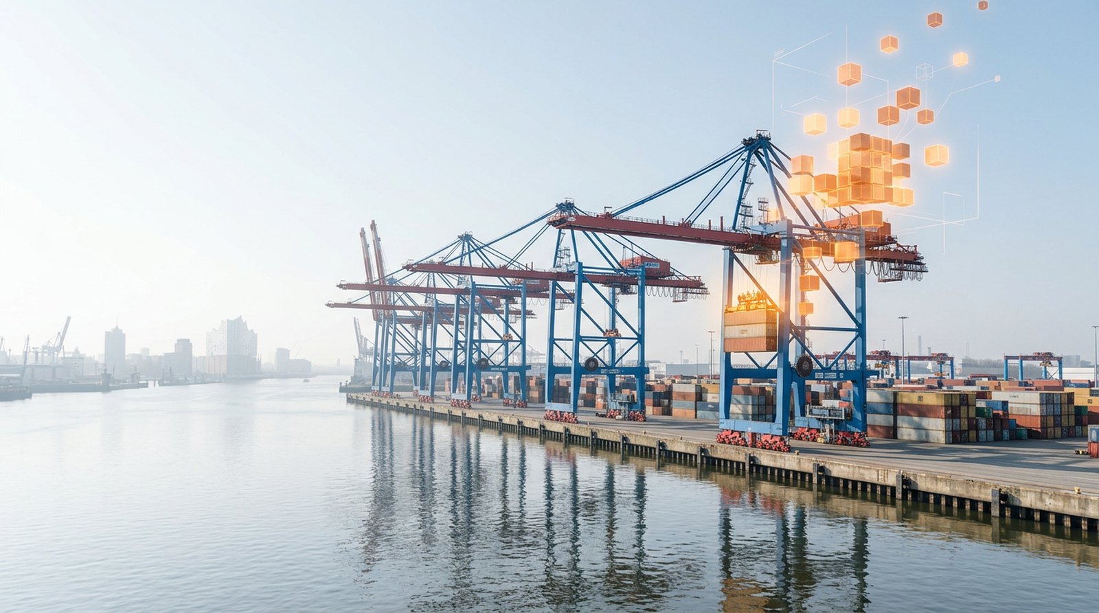 Containerbrücken im Hamburger Hafen bei Nacht; ein Teil der Kranausleger und der Ladung löst sich in leuchtende orange Würfel und Datenlinien auf